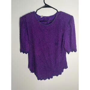 Vtg Women's Large Made in India Sequin Beaded 100% Silk Shirt 80's Disco Shiny
